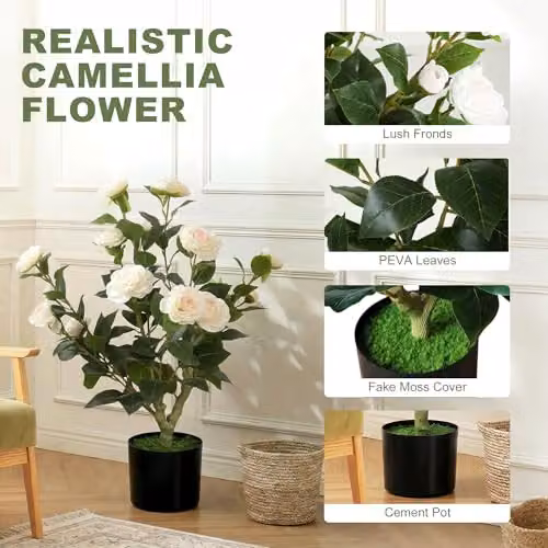 HOMCOM White and Green Artificial Camellia Flower Plant with Potted Base, Height: 65 cm – 3