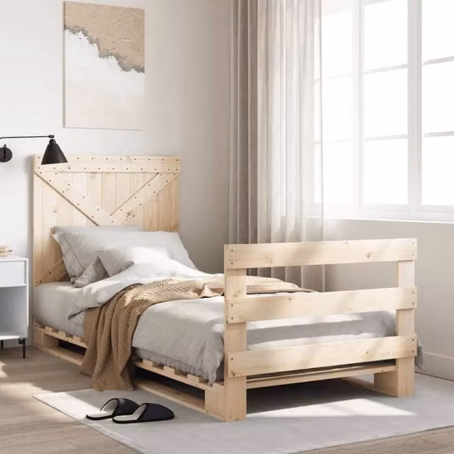 Berkfield Home Solid Wood Pine Bed Frame with Headboard in Brown, W/D/H: 90 x 200 cm