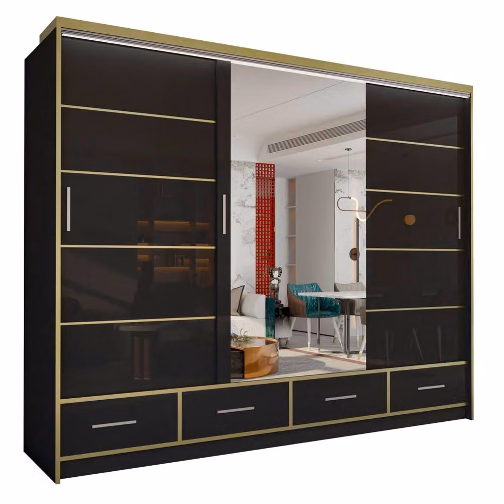 Sliding Wardrobes 4U Modern High Gloss Wardrobe with LED Lighting and Mirror Doors in Black, W/H: 253 x 220 cm – 2