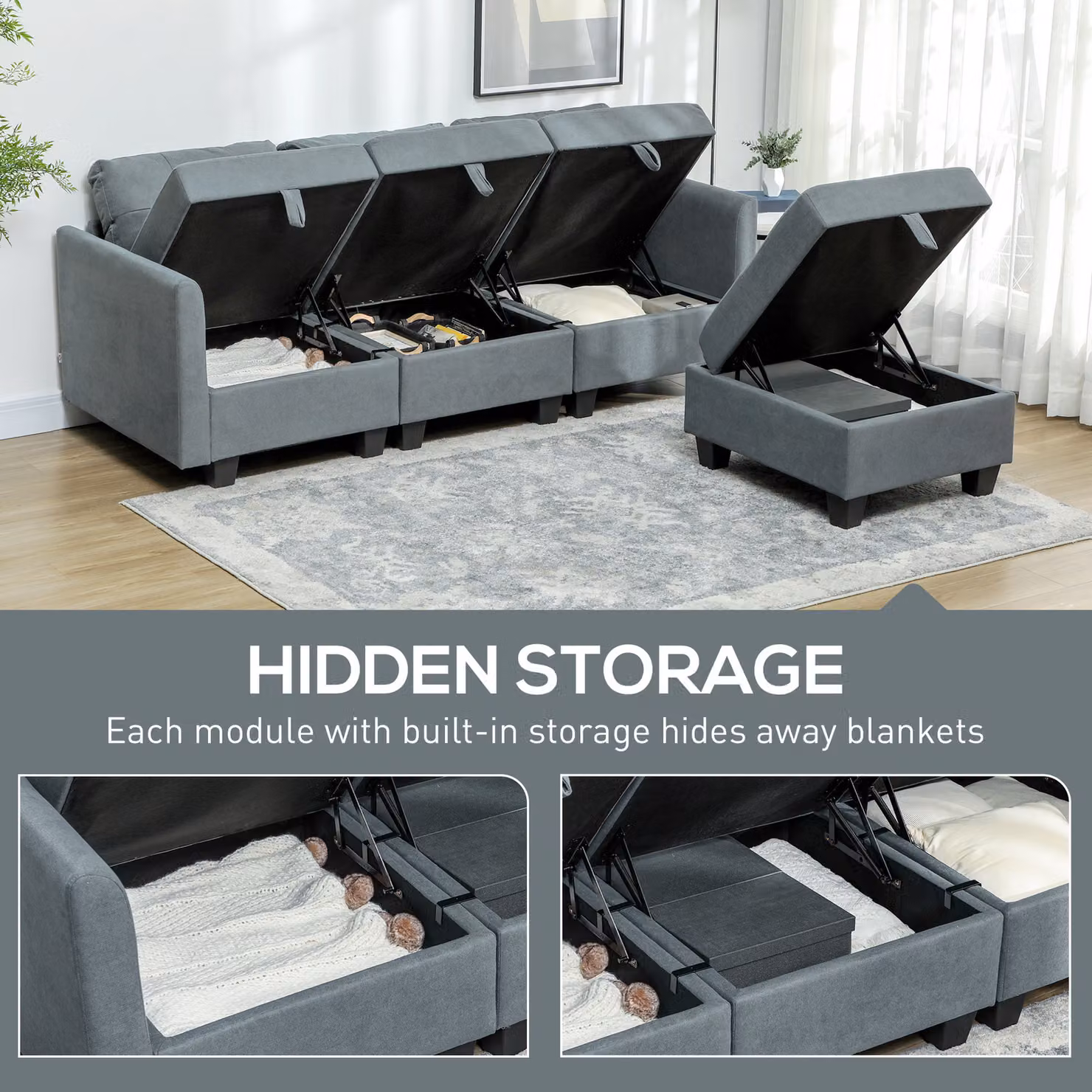 HOMCOM Reversible L-Shape Modular Sofa with Storage in Dark Grey – 5