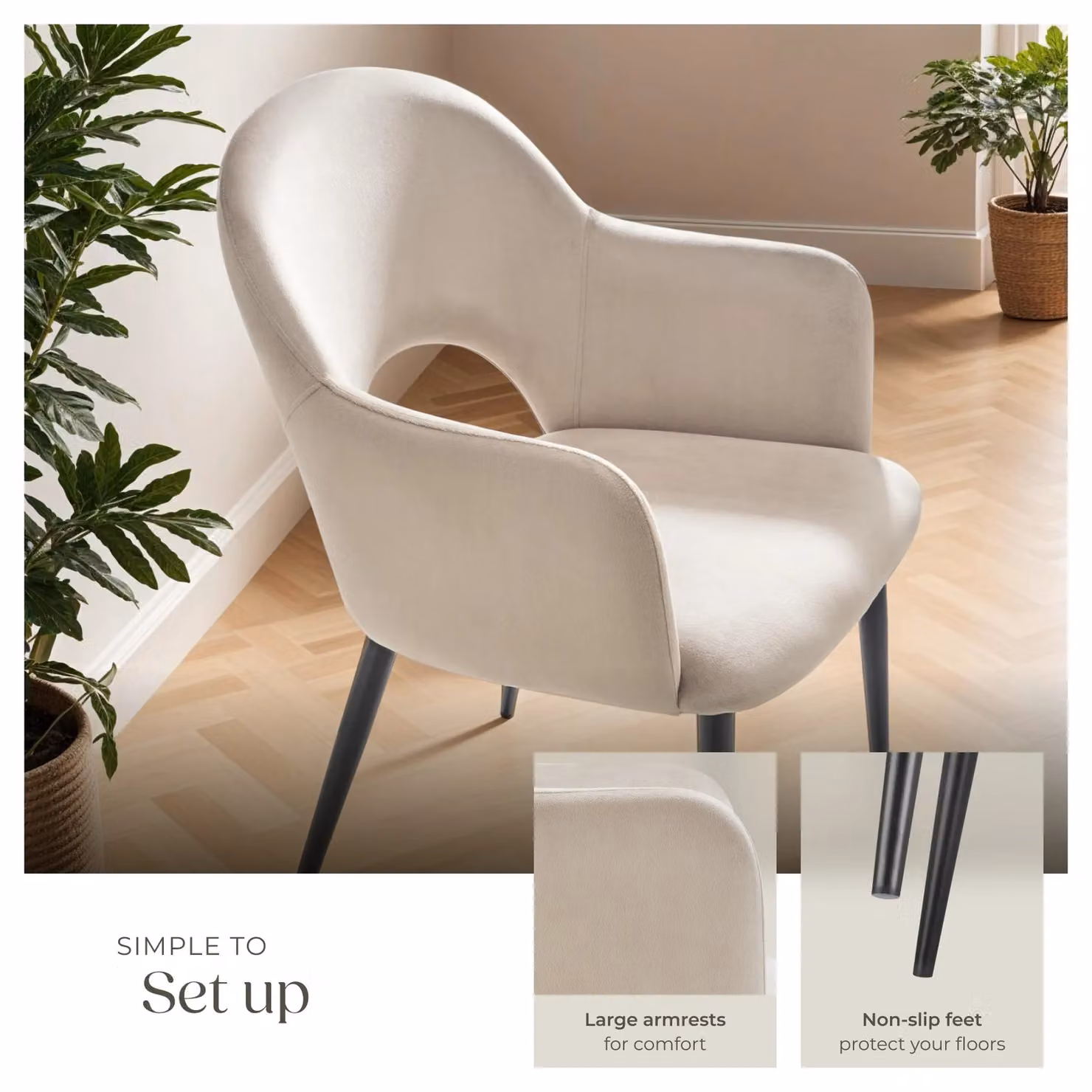 tectake Sasha Set of 4 Modern Dining Chairs in Cream Velvet with Oak Legs – 3