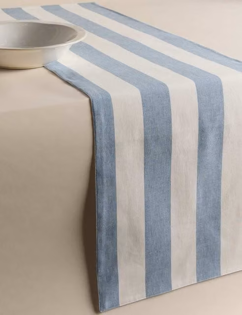 M&S Blue Maritime Striped Rectangular Table Runner in Cotton and Half Linen