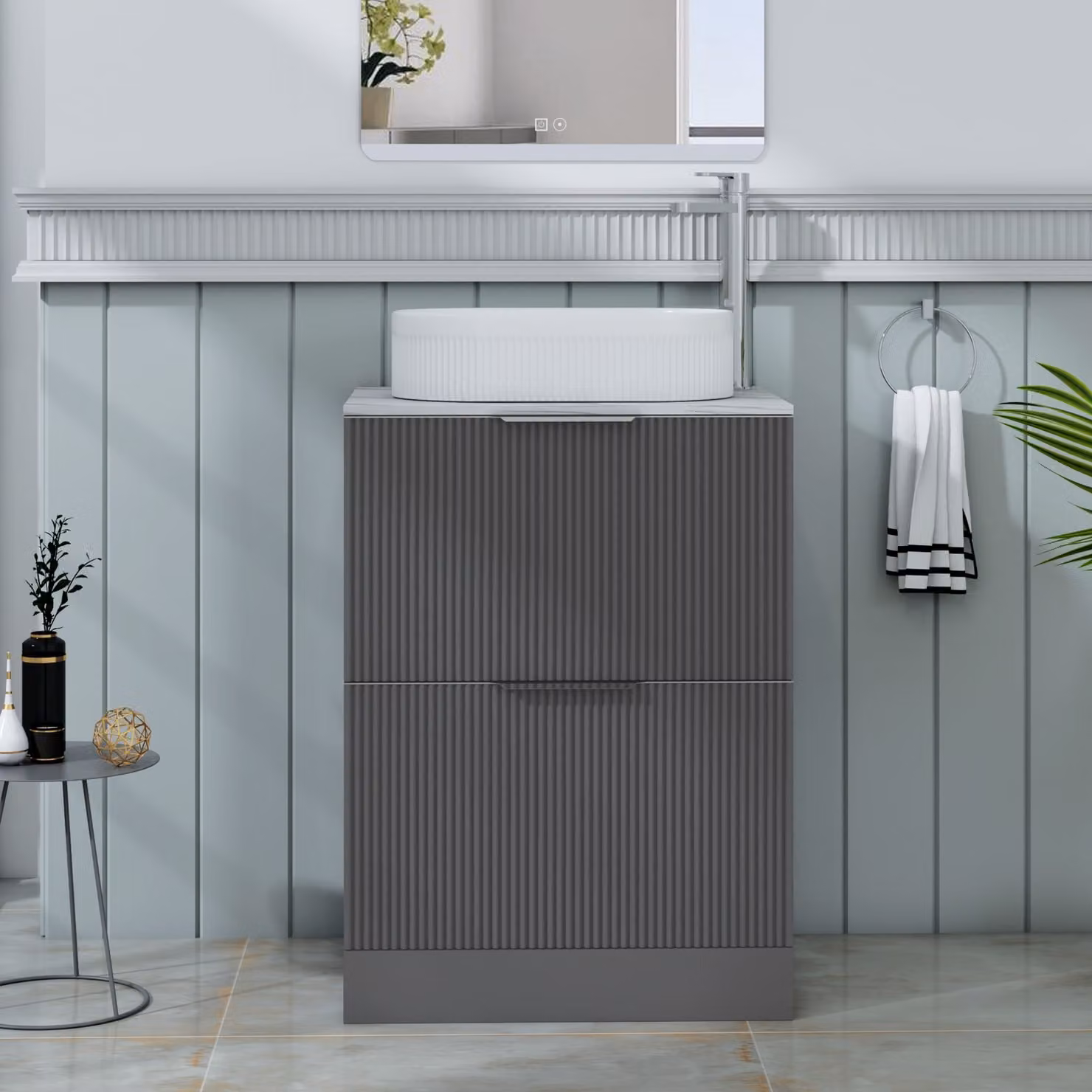 Royal Bathrooms Evora 600mm Graphite Grey Fluted Floor Standing Countertop Vanity Unit with 2 Drawers and Lyon Basin