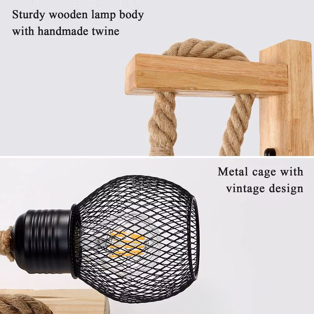 Pheashine Industrial Wall Lamp with Hemp Rope and Wood Decoration in Brown – 3