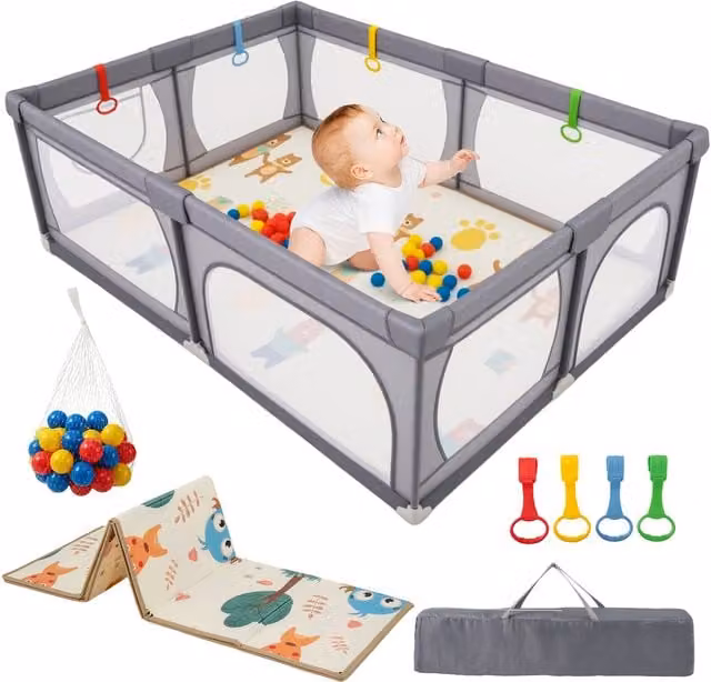 COSTWAY Extra Large Baby Playpen in Light Grey