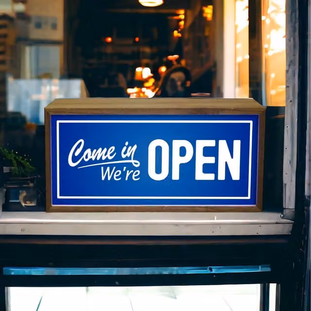 Echo Three LED Come In We're Open Sign, Brown Wood Tabletop Rectangular Light Box