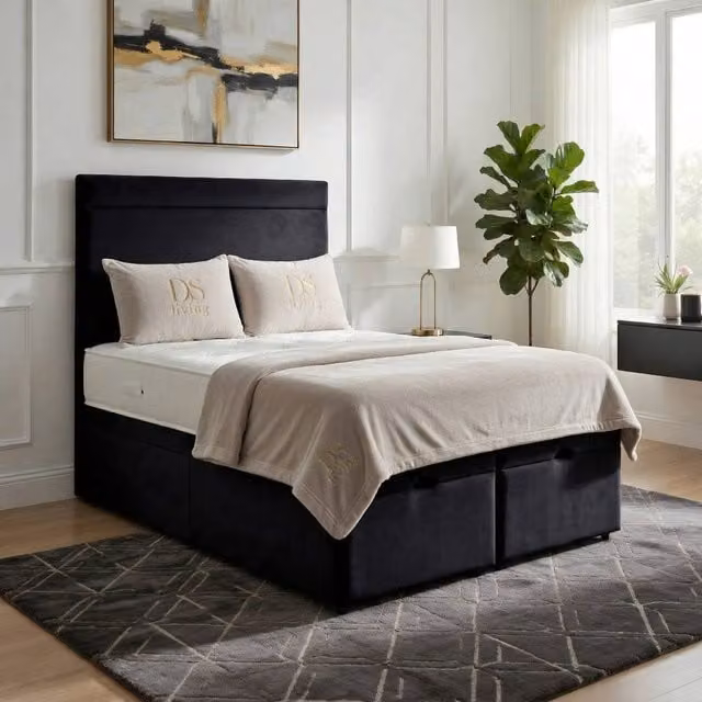 DS Living Majesty Black Velvet Upholstered Ottoman Bed with Lift Up Base, W/D/H: 90 x 200 cm
