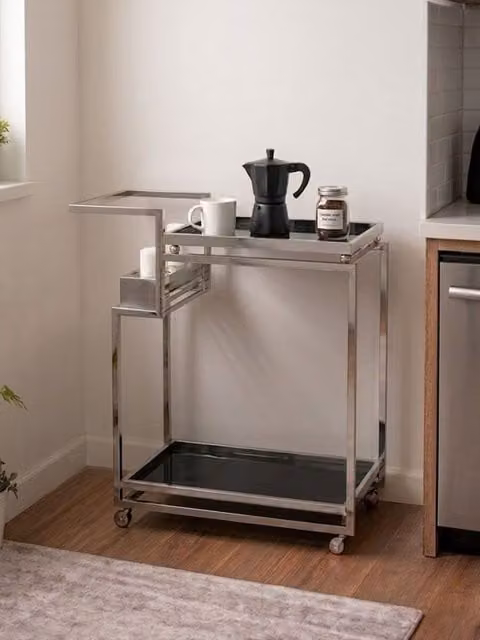 Orsina 3 Tier Elegant Drinks Trolley with Silver Frame and Black Glass Shelves, H 83 cm x W 82 cm x D 40 cm – 2