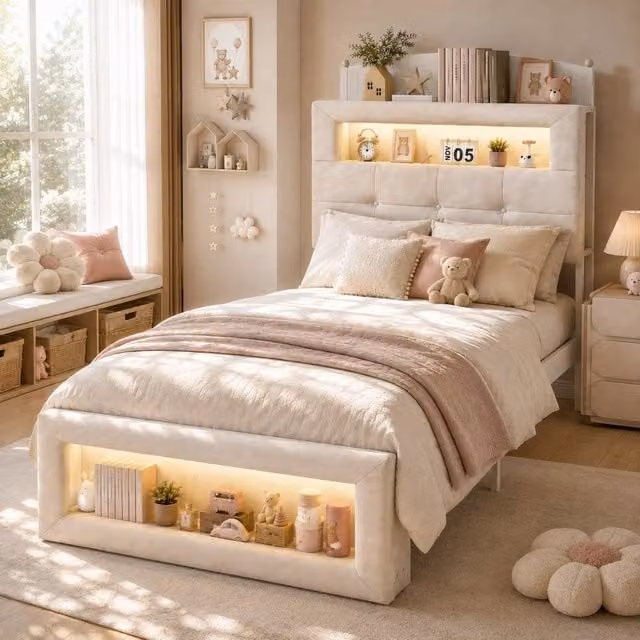 Matteo Single Storage Bed Frame in Beige Velvet with Under-Bed Lighting and Side Compartments, W/D/H: 90 x 190 cm