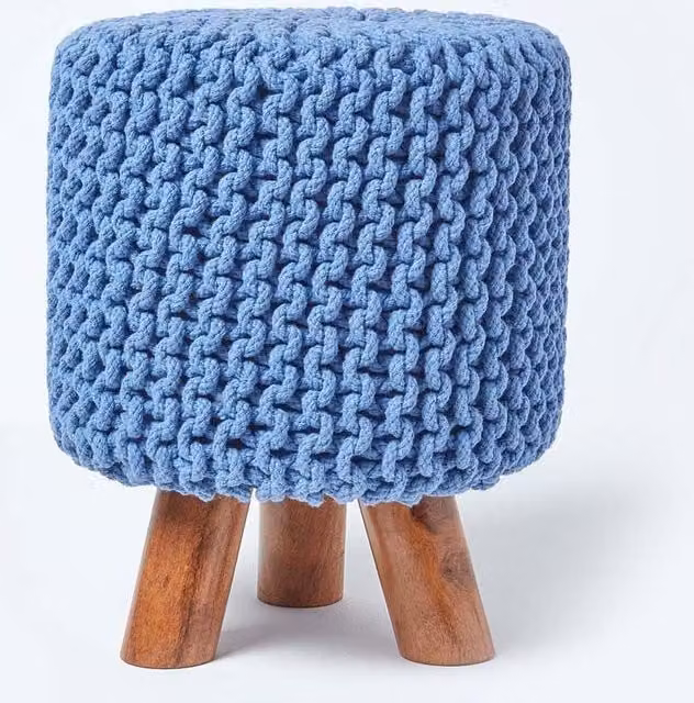 Homescapes Tall Blue Cotton Knitted Footstool with Wood Frame – 1