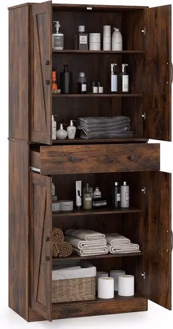 COSTWAY Brown Country House Farmhouse Kitchen Cupboard Cabinet with Soft Close Hinged Doors and Internal Shelves