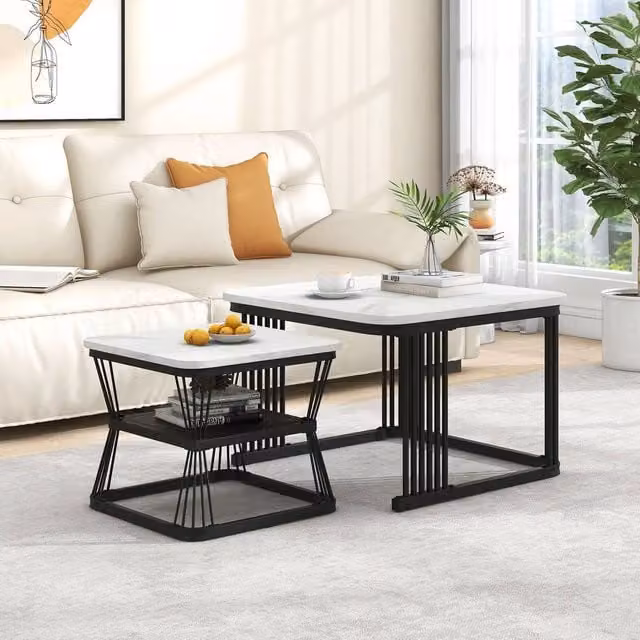 Rolipo Square Faux Marble Nesting Coffee Table Set of 2 with Black Metal Frame in White