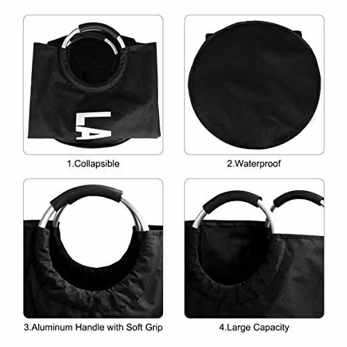 KAV Collapsible Oxford Fabric Laundry Basket with Aluminium and Rubber Handles, 82L, Black – 3