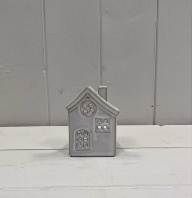 KDMD Grey Glazed Ceramic House Tealight Holder with Textured Detail