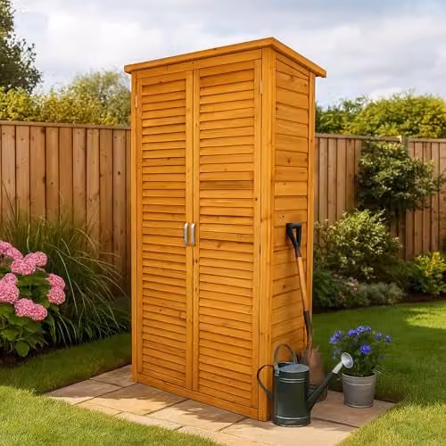 Airwave Tall Wooden Garden Storage Shed in Brown, Weatherproof Outdoor Utility Cabinet with Internal Shelves and Side Vents, W/D/H: 47 x 87 x 161 cm
