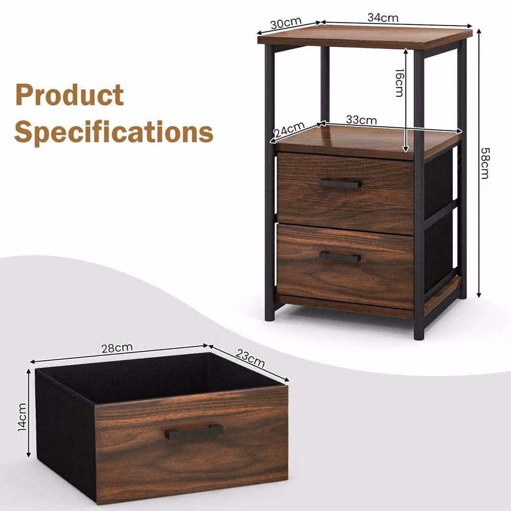 KORVIXA Industrial Nightstand Bedside End Table with 2 Fabric Drawers and Shelf, Brown, W/D/H: 100 x 100 x 58 cm – 2