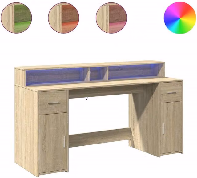 Berkfield Gaming Desk with LED Lights in Sonoma Oak Brown, W/D/H: 160 x 55 x 91 cm – 1