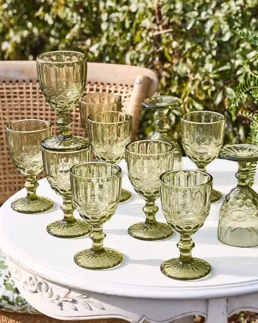Dibor Set of 12 Green Geometric Luxury Wine Goblets, 350ml per glass