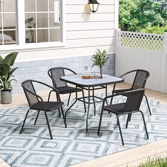 Lifeideas Black Rustic Polyrattan Garden Table and 4 Chairs Set with Glass Top