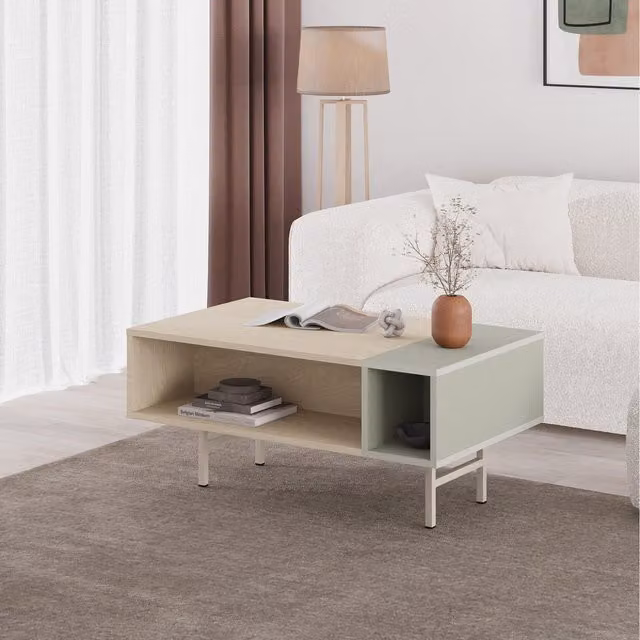 Decortie Modern Rectangular Coffee Table in Oak and Green, W: 100 cm, D: 60 cm, H: 45 cm – 1