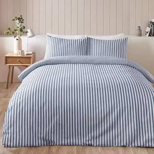 Catherine Lansfield Reversible Blue Striped Cotton Flannelette Double Duvet Cover Set with Pillowcases, W/D/H: 200 x 200 cm and 50 x 75 cm