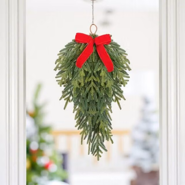 Garden Greatness Green Teardrop Hanging Pine Bow Swag Christmas Decoration