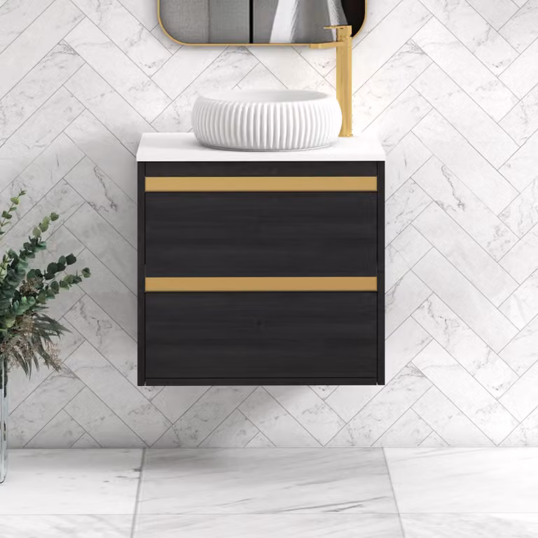 Royal Bathrooms Orion 600mm Hale Wall Hung Vanity Unit with Milan Basin in Black and White with Brushed Brass Accent Trim