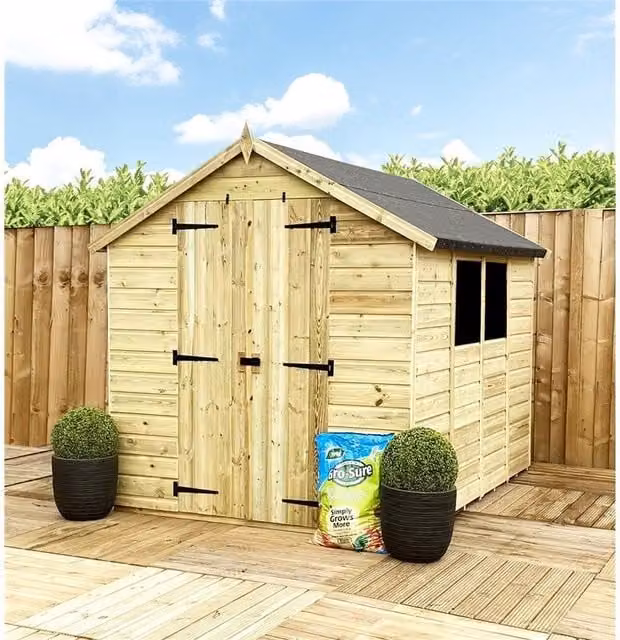 Marlborough Pressure Treated Low Eaves Apex Garden Shed with Double Doors in Brown