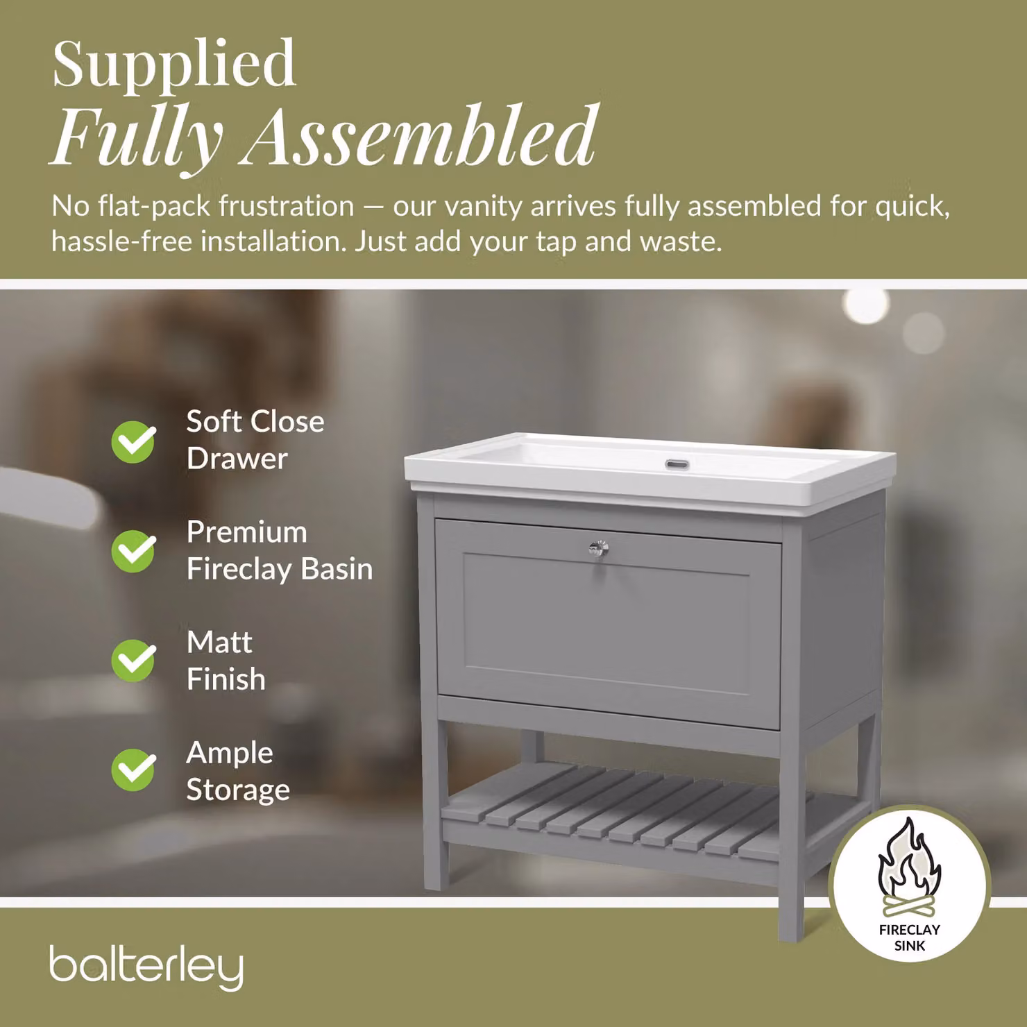 Balterley Freestanding Bathroom Vanity Unit with Basin and Open Shelf, Grey, W: 83.0 cm, D: 46.5 cm, H: 47.0 cm – 3