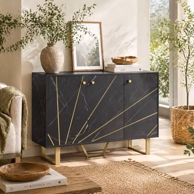 Wyld Haus Suno Modern 3-Door Sideboard in Black Marble Effect with Gold Metal Legs