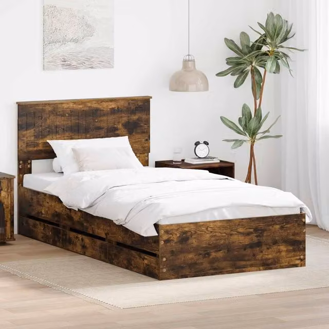 Berkfield Home Modern Bed Frame with Drawers in Smoked Oak Brown, W/D/H: 100 x 200 cm
