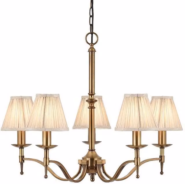 Loops Avery 5-Lamp Ceiling Pendant Chandelier with Beige Pleated Fabric Shades in Antique Brass