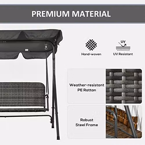 Outsunny 3-Seater Outdoor PE Rattan Swing Chair with Adjustable Canopy and Powder Coated Steel Stand, Grey – 3