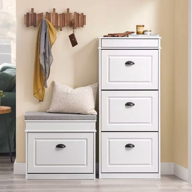 SoBuy Modern Slim Shoe Cabinet with Tilting Compartments and Integrated Seat in Matt White
