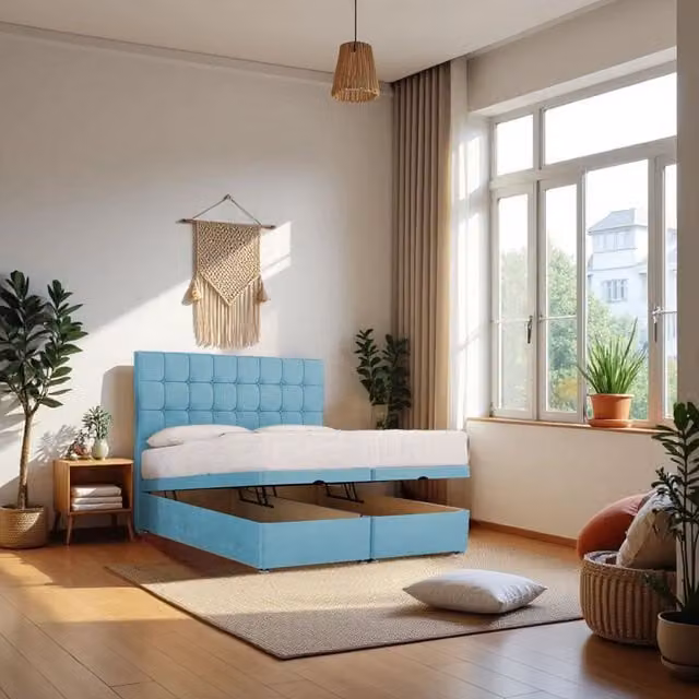 Knight Sleep Cubed End Opening Ottoman Bed with Hybrid Mattress and 24 inch Headboard in Light Blue, Single, W/D/H: 90 x 190 cm