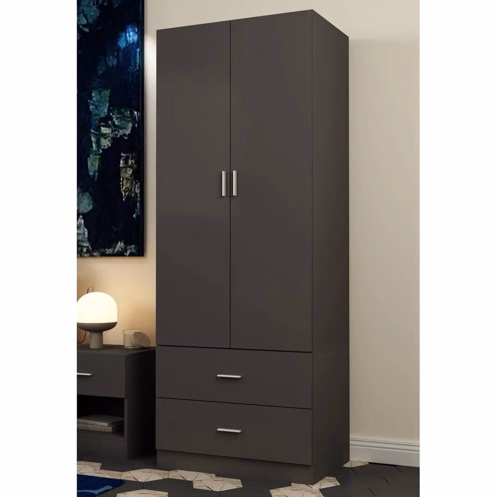 FORGEVIO Black Wooden Compact Wardrobe with 2 Doors and 2 Integrated Drawers – 2