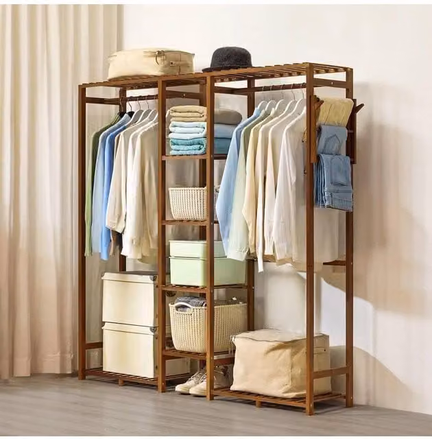 H&O Direct Modern Wooden Clothes Rack Cabinet with Hooks in Brown, H 153.0 cm x W 146.5 cm
