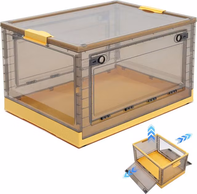 Livingandhome Transparent Folding Storage Box with Wheels and Lid, Yellow