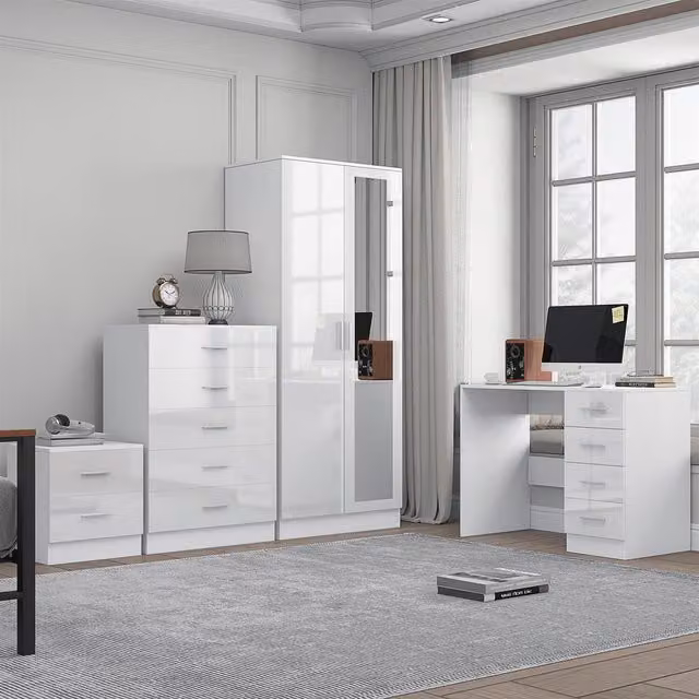 REFLECT Furniture Bundle featuring 2-Door Mirror, Chest, Bedside Table and Desk in White Gloss and Matt White