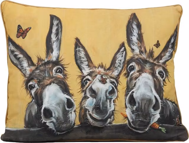 Louise Brown Donkey Friends Square Graphic Cushion in Yellow