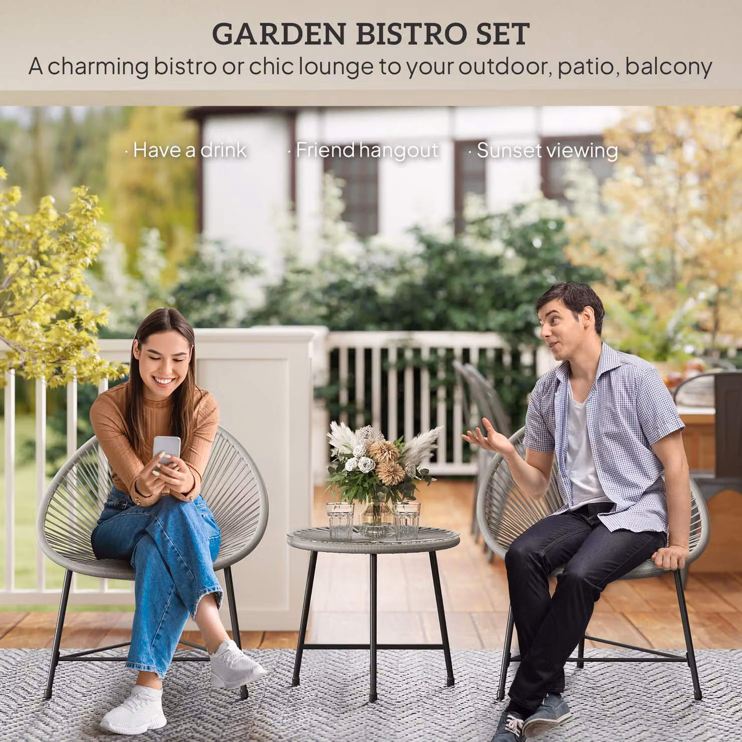 Outsunny 3 Piece Rattan Bistro Set with Acapulco Chairs and Glass Top Table in Grey – 3