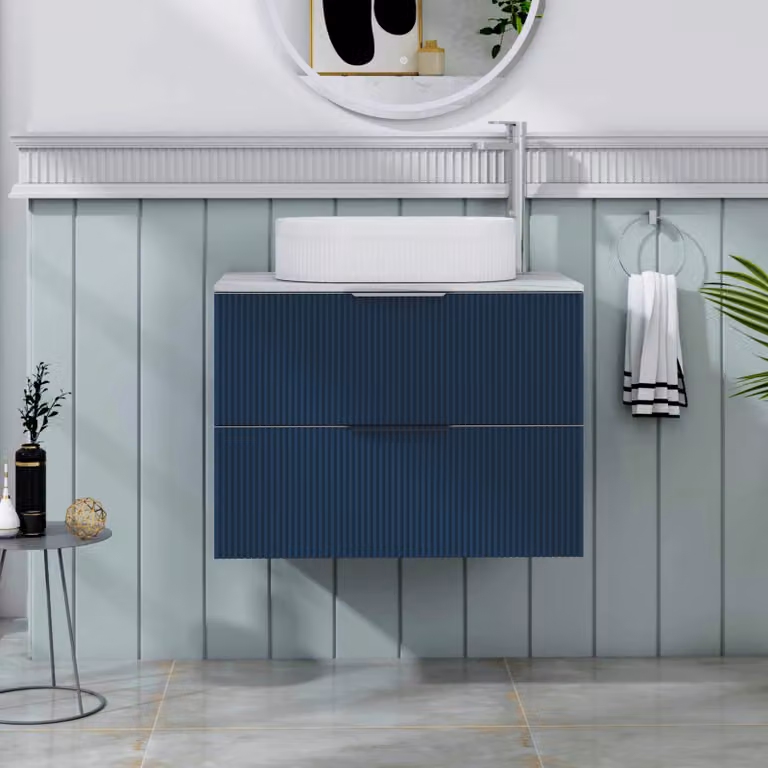 Royal Bathrooms Evora Midnight Blue Fluted Wall Hung Vanity Unit with Lyon Basin and 2 Drawers, Width: 70 cm