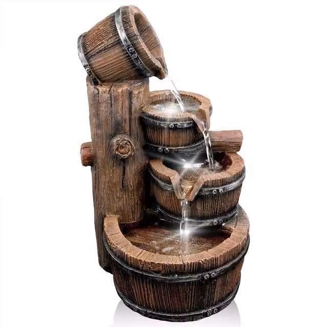 GEEZY Rustic Brown Barrel Cascade Water Feature with LED Lights