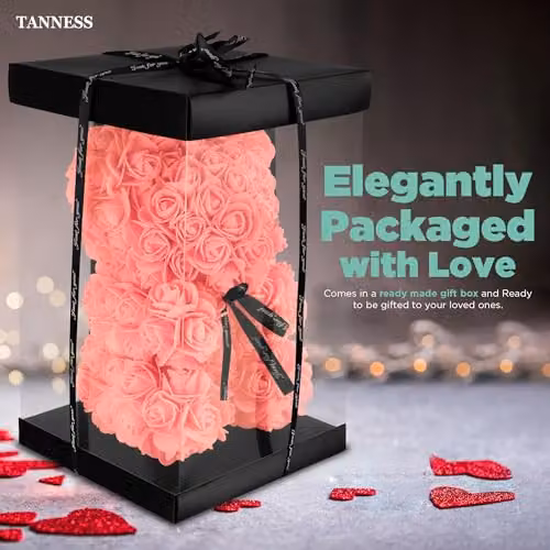 Tanness Artificial Rose Bear with Transparent Gift Box and Black Ribbon, Pink – 4