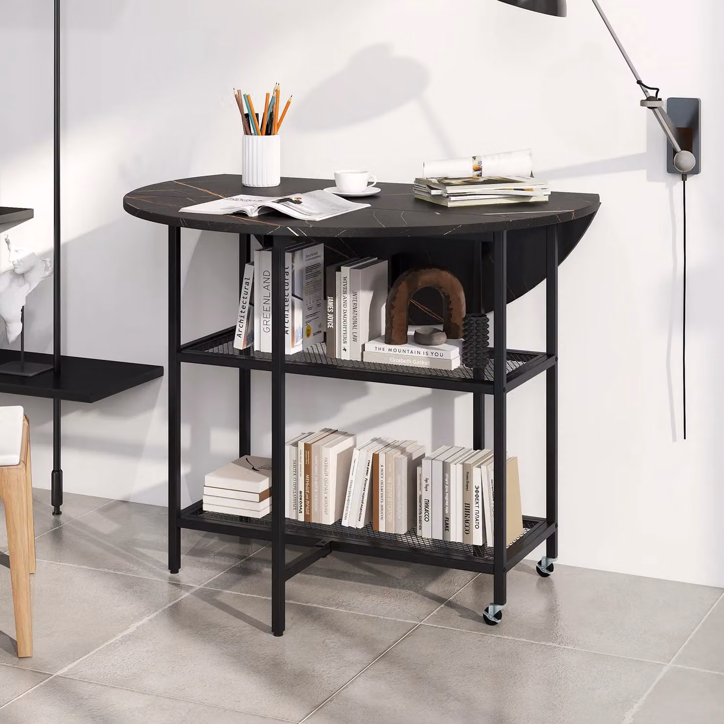 Gymax Modern Round Kitchen Dining Table with Drop Leaf Top in Black, Diameter: 100 cm – 4