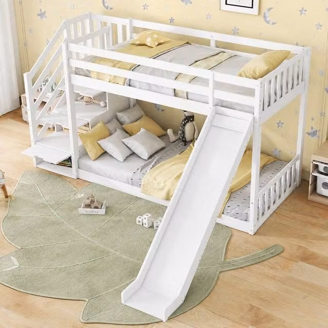 Merax White Wooden 3ft Single Bunk Bed Frame with Storage Stairs and Slide, W/D/H: 190 x 90 x 120 cm – 1