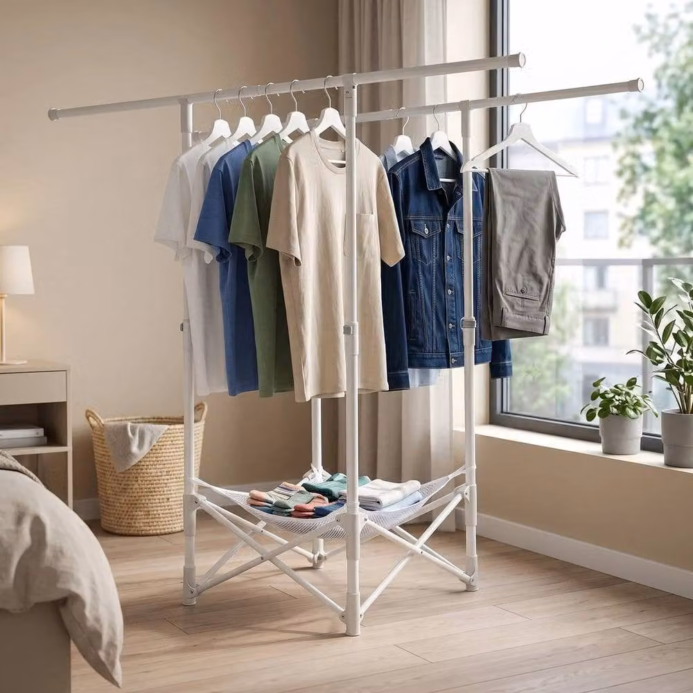 EONLION Double Bar Clothes Rail with Basket and Sturdy Metal Frame, White, W: 50 cm – 2