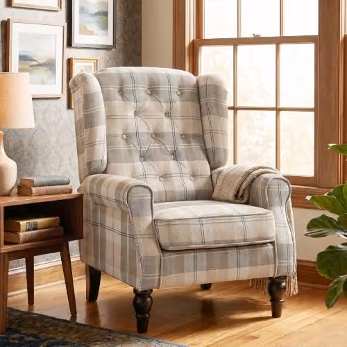HOMCOM Retro Wingback Accent Chair in Beige Checked Fabric with Solid Wood Frame, W/D/H: 74.0 x 102.0 x 86.0 cm – 5