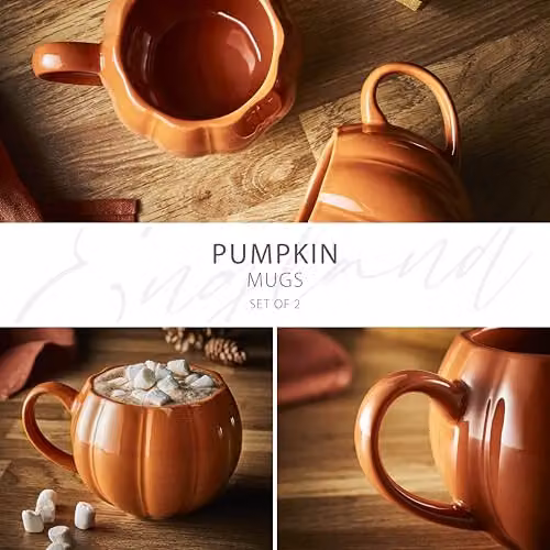 Tower Set of 2 Orange Pumpkin Shaped Stoneware Mugs, 337ml Capacity – 2