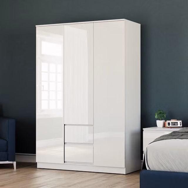 Vida Designs Glinton Modern 3 Door 2 Drawer FSC Wardrobe in White Glossy Finish